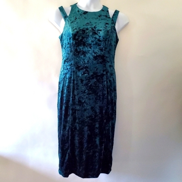 Maggy London Crushed Velvet Midi Dress Size 10 Green Stretch Velour Party - Picture 1 of 15